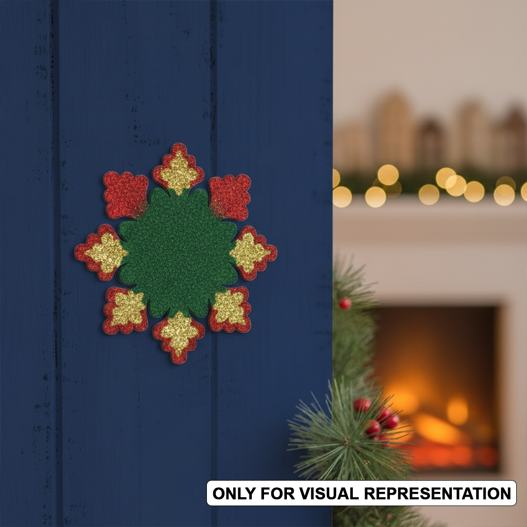 MDF snowflake cutout with rounded floral edges, shown on wooden blue wall