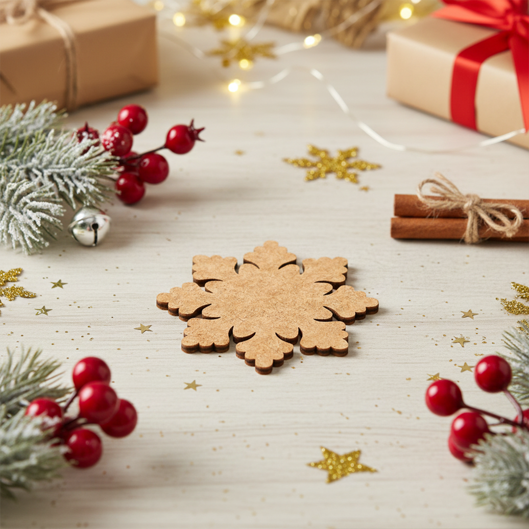 Unpainted MDF snowflake cutout with rounded floral edges, shown on table