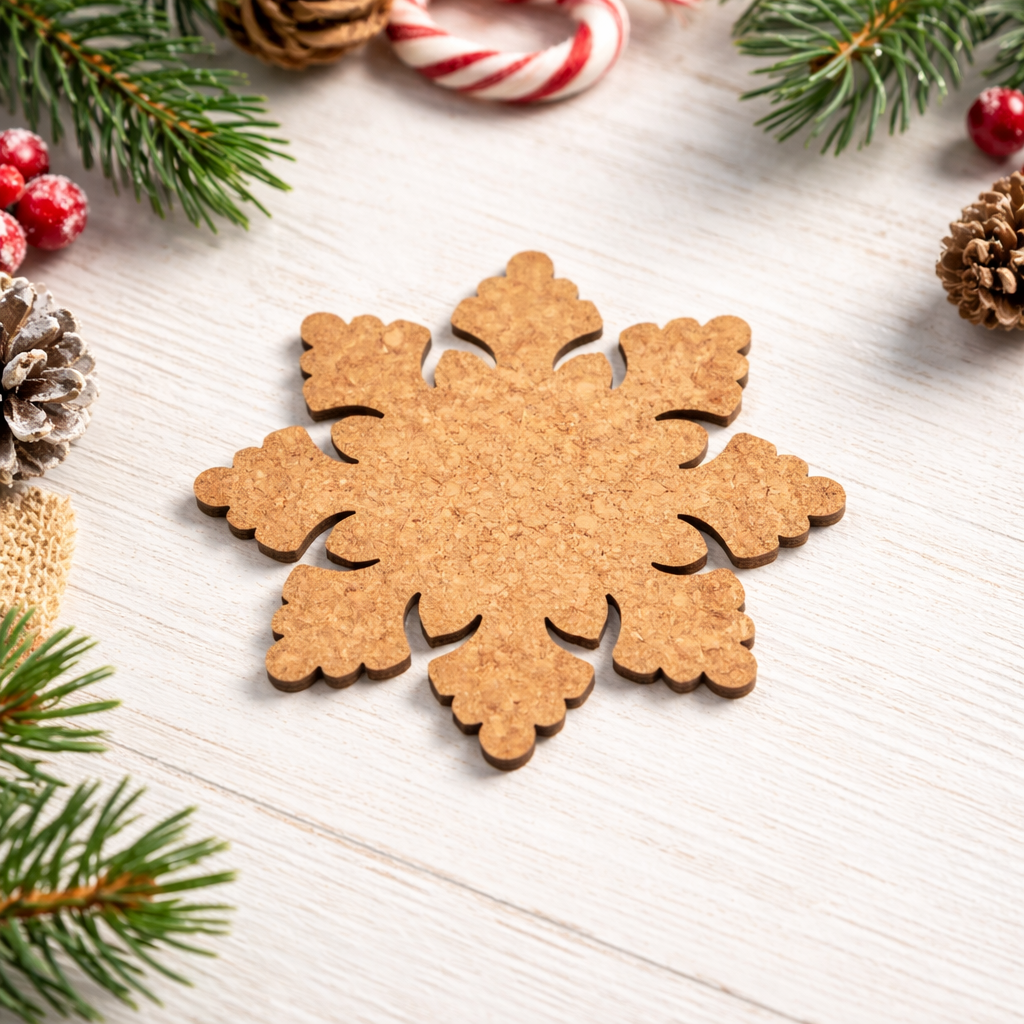 Unpainted MDF snowflake cutout with rounded floral edges, shown on  decorative table 