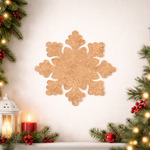 Unpainted MDF snowflake cutout with rounded floral edges, shown on decorative wall
