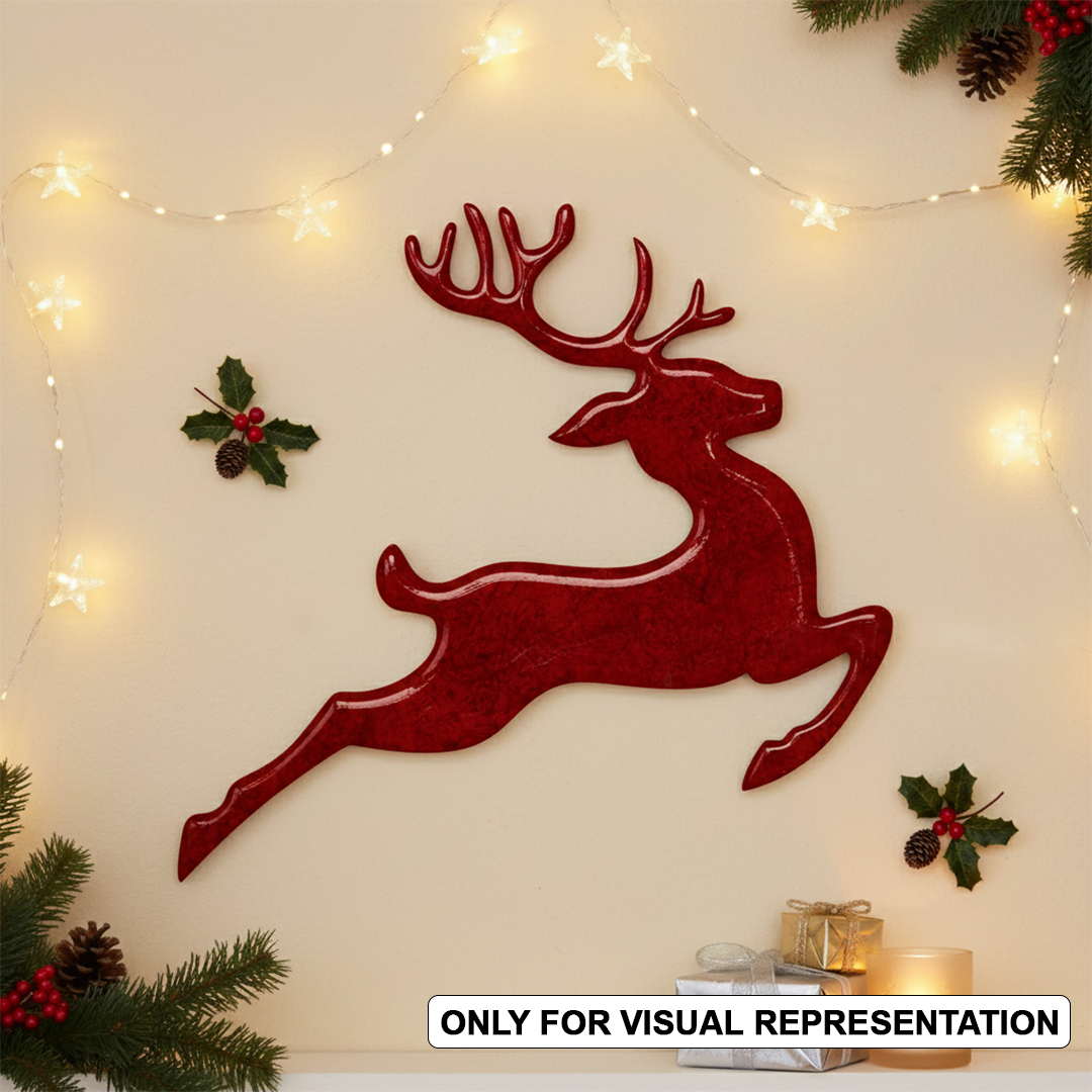 painted MDF reindeer silhouette cutout in a leaping pose with antlers, displayed on decorative wall