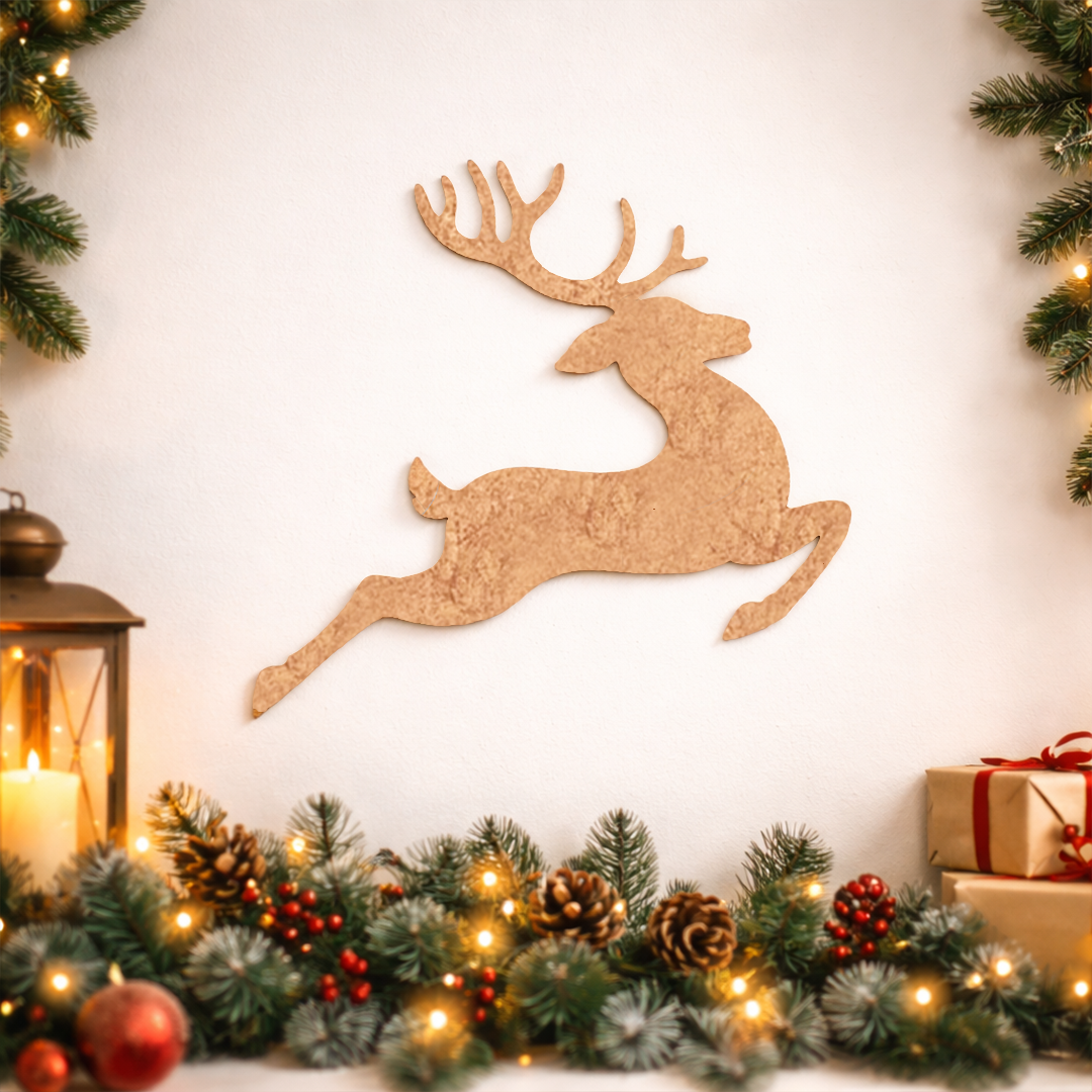 Unpainted MDF reindeer silhouette cutout in a leaping pose with antlers, displayed decorative wall