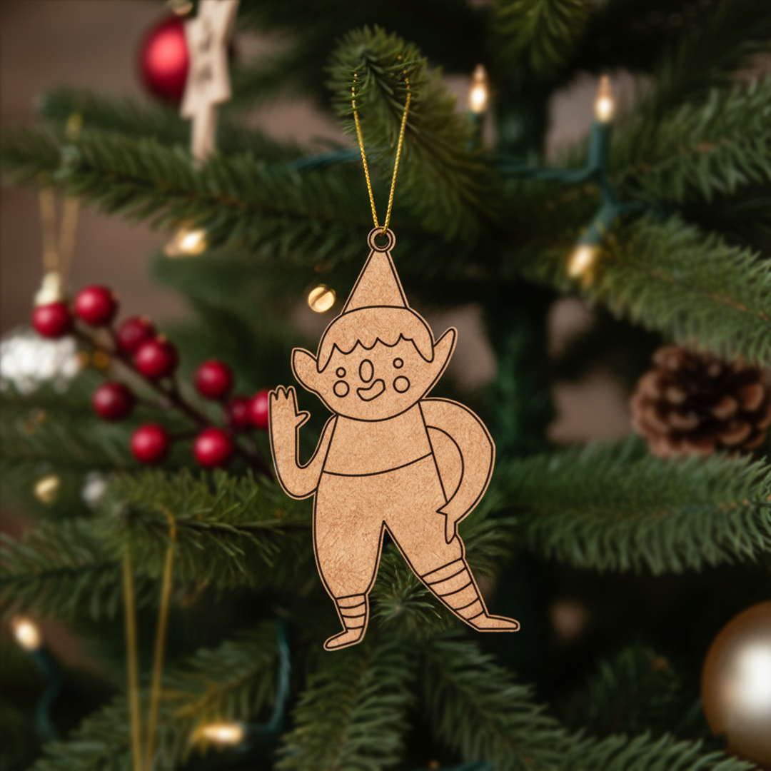 Unpainted MDF Christmas elf waving DIY cutout hanging on tree