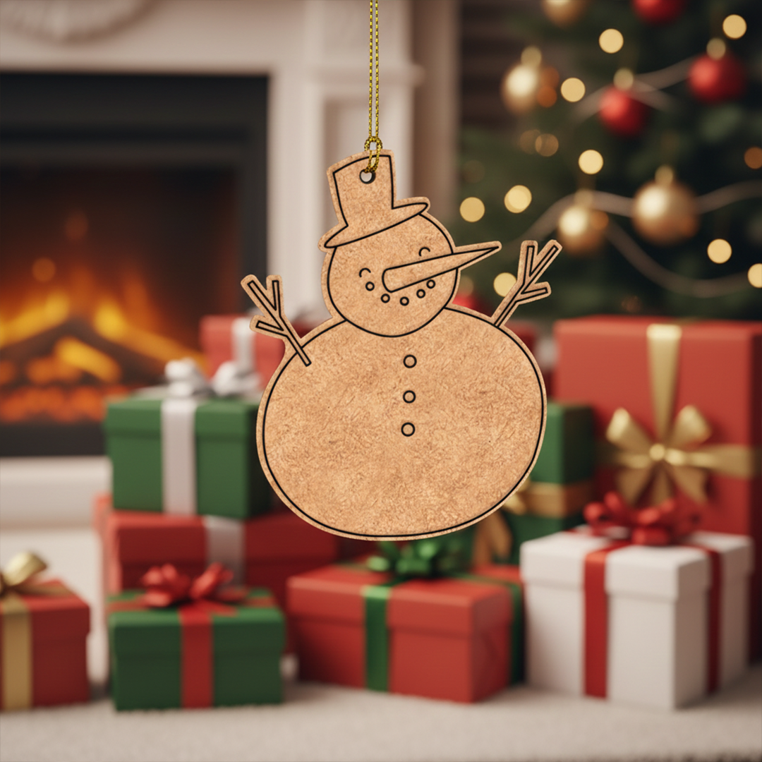 Unpainted MDF snowman DIY hanging cutout with hat, carrot nose and buttons