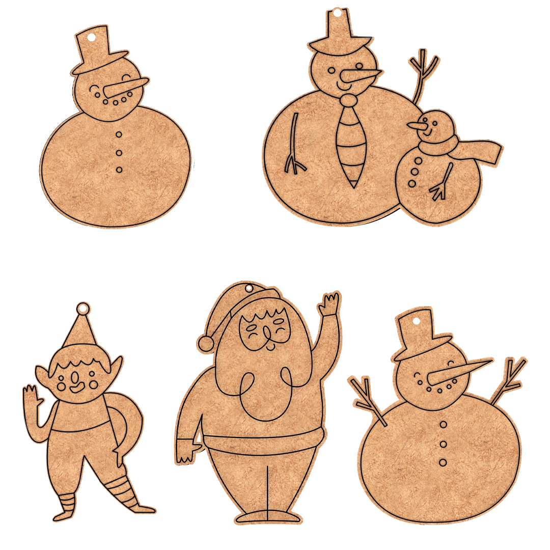 Set of DIY MDF Christmas cutouts (Santa, elf, snowman, snowman pair) laser-cut craft blanks with engraved outlines on white background.