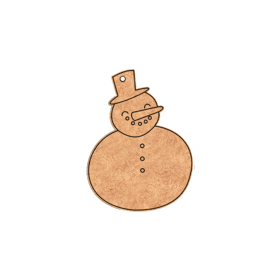 Single DIY MDF snowman cutout blank with hat and engraved details on plain white background.