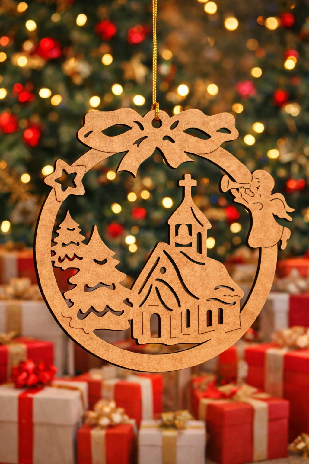DIY MDF Christmas round ornament cutout with church, trees and angel design, hanging with golden string in front of a decorated Christmas tree and gift boxes.