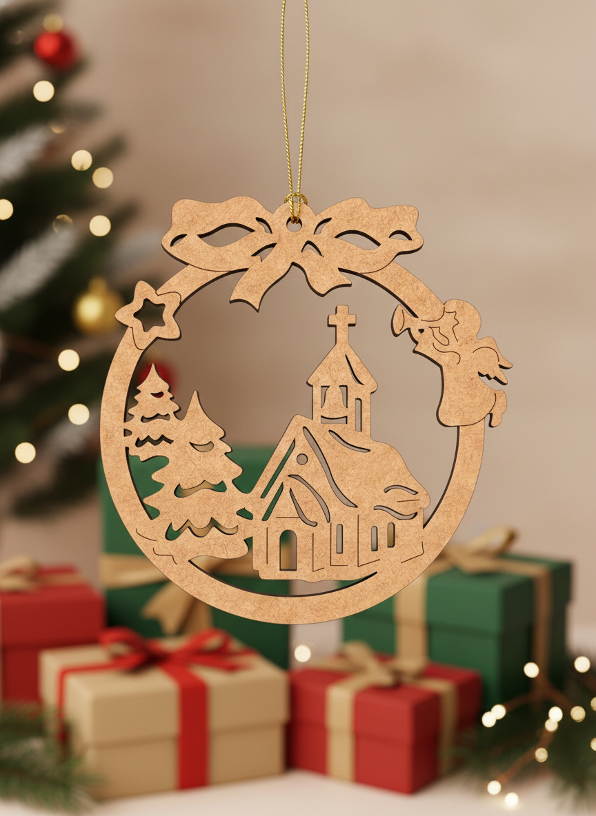 DIY MDF Christmas round ornament cutout with church, trees and angel design, hanging with golden string in front of a decorated Christmas tree and gift boxes.