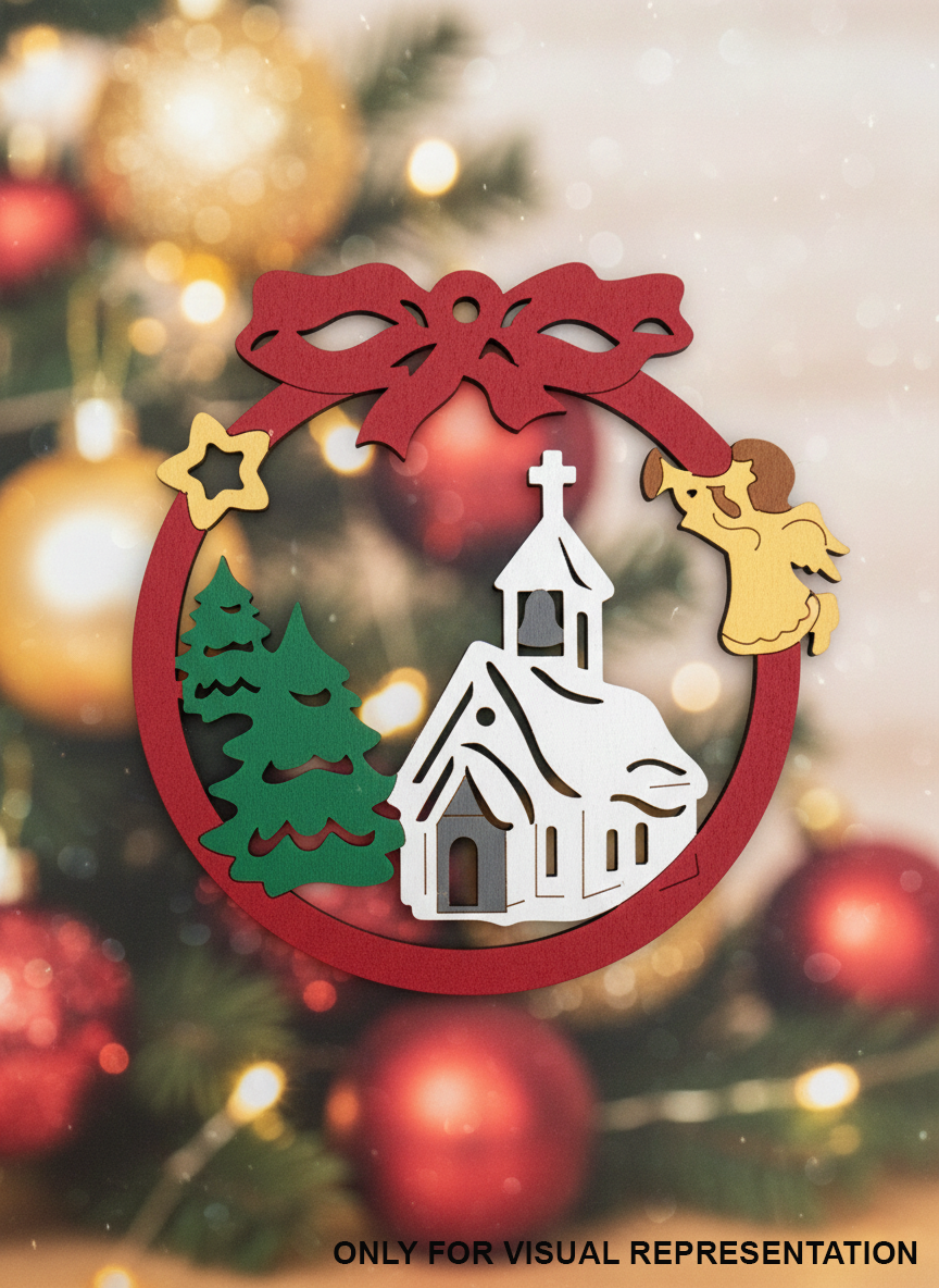 MDF Christmas round ornament cutout with church, trees and angel design
