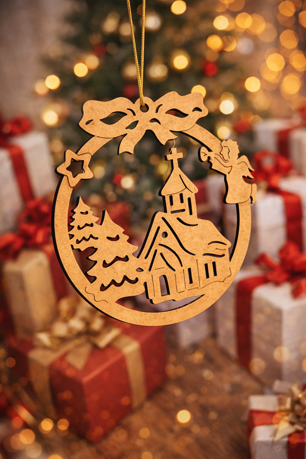 DIY MDF Christmas round ornament cutout with church, trees and angel design, hanging with golden string in front of a decorated Christmas tree and gift boxes.