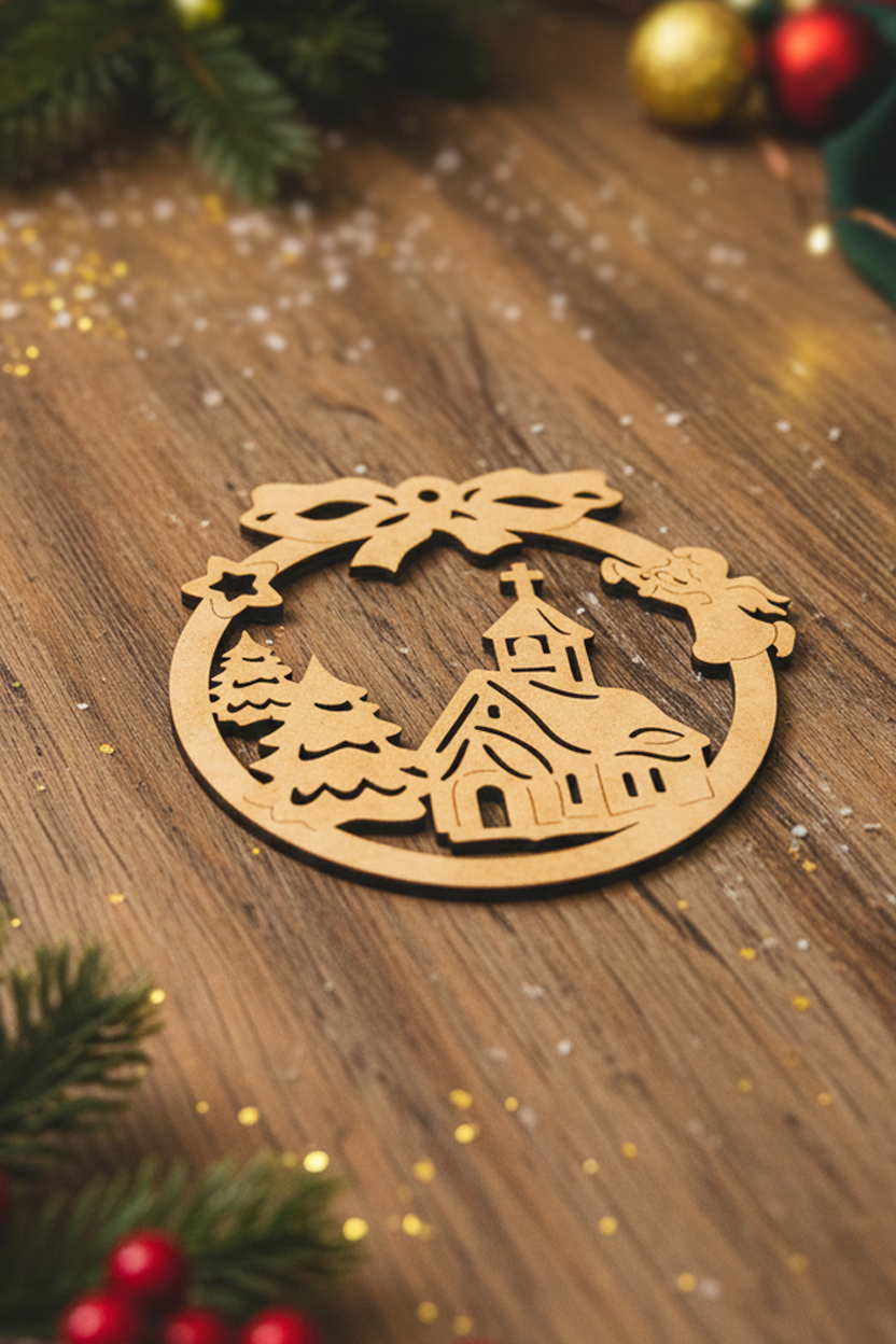 DIY MDF Christmas round ornament cutout with church, trees and angel design, decorated Christmas table 