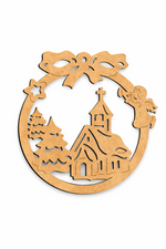 DIY MDF Christmas round ornament cutout with church, trees and angel design