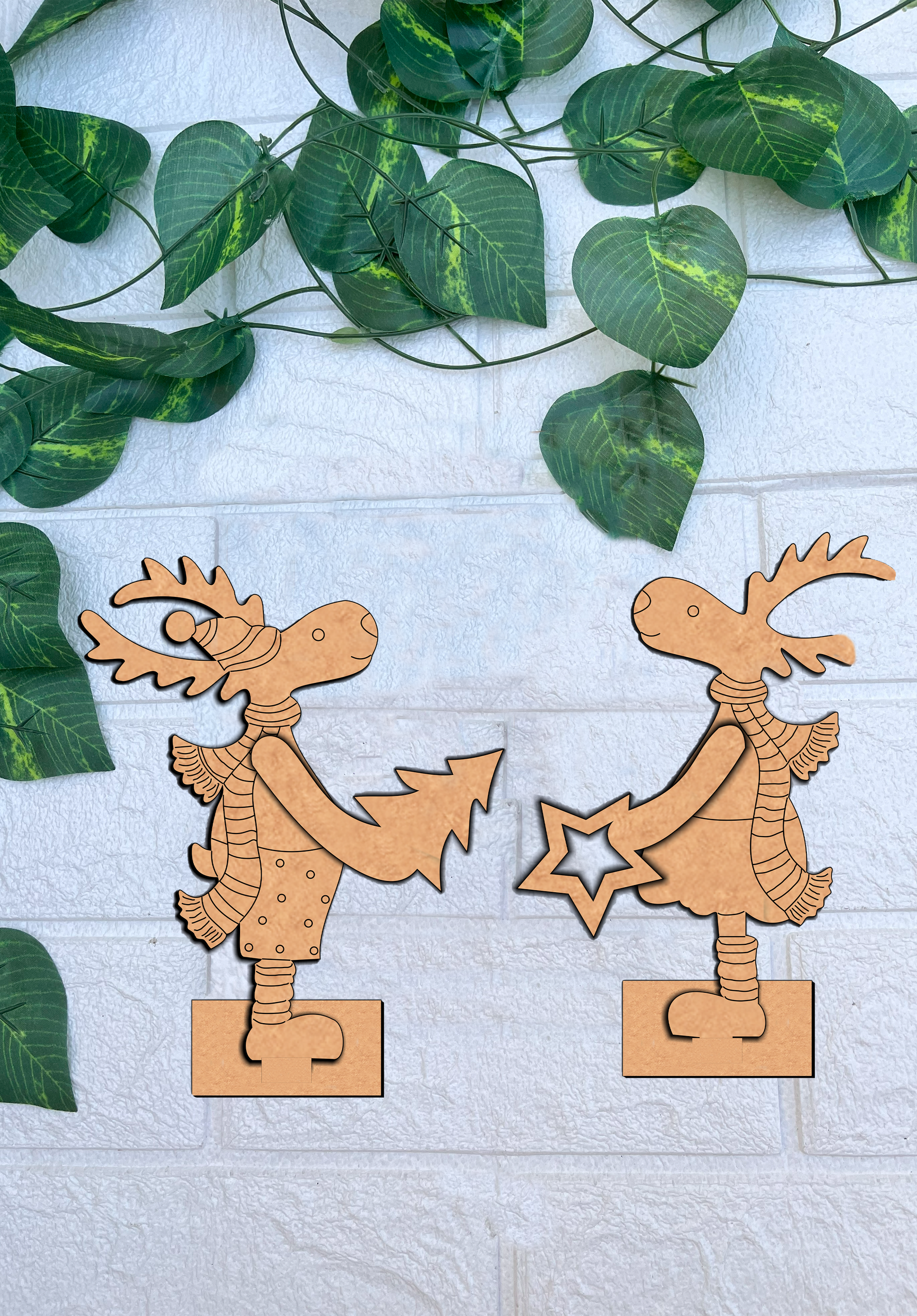 MDF DIY reindeer couple standee set paintable Christmas tabletop decor mount on white brick wall