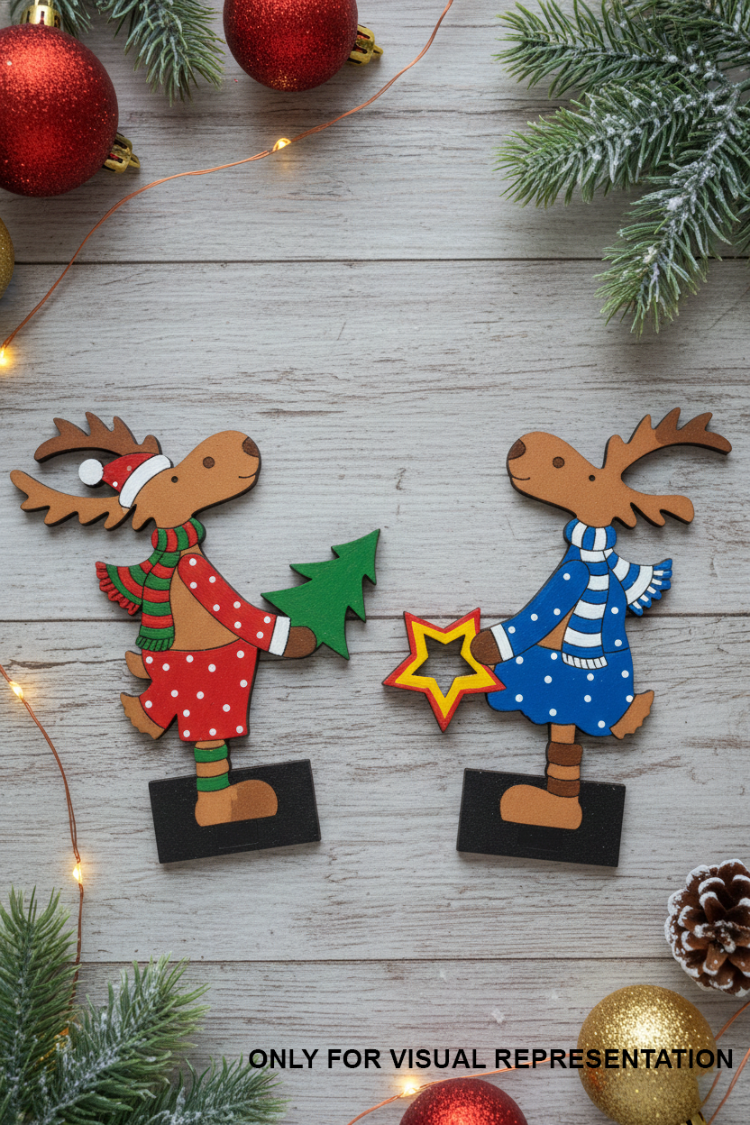 MDF reindeer couple standee set paintable Christmas tabletop decor show on decorated table 