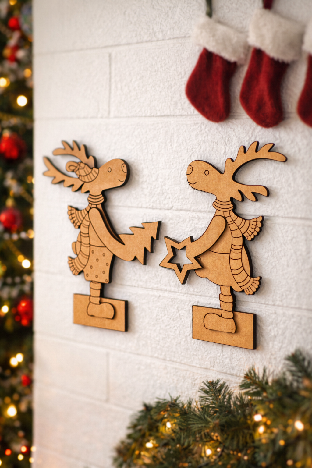 MDF DIY reindeer couple standee set paintable Christmas tabletop decor mount on decorative wall
