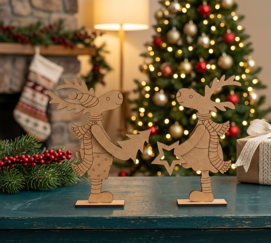 MDF DIY reindeer figures on a table with a Christmas tree and stockings in the background.
