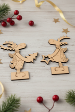 MDF DIY reindeer couple standee set paintable Christmas tabletop decor show on decorated table 
