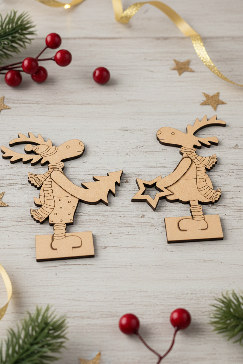 MDF DIY reindeer couple standee set paintable Christmas tabletop decor show on decorated table 