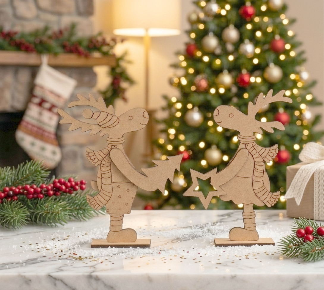 MDF DIY deer figures with Christmas decorations in the background