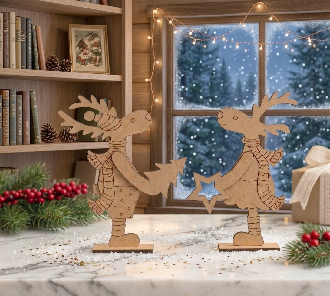 MDF DIY reindeer decorations on a table with a snowy window view and bookshelf in the background.