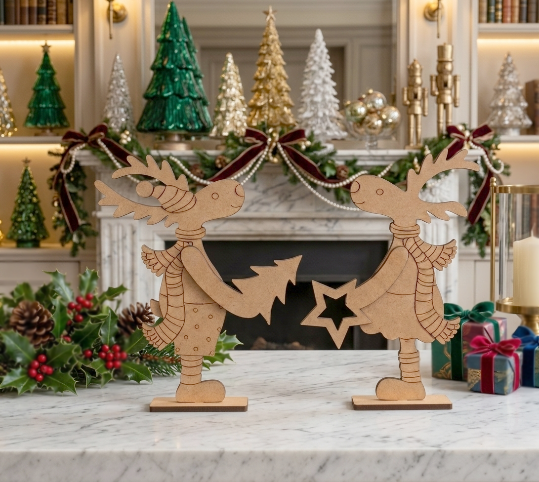  MDF DIY reindeer decorations on a festive Christmas setting with trees and presents.