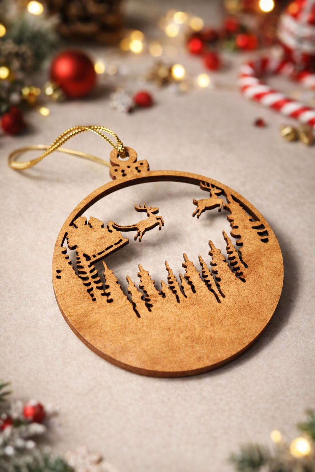 Laser-cut MDF Christmas bauble ornament featuring Santa’s sleigh and reindeer over a pine forest scene, with hanging cord and festive holiday decor background.

