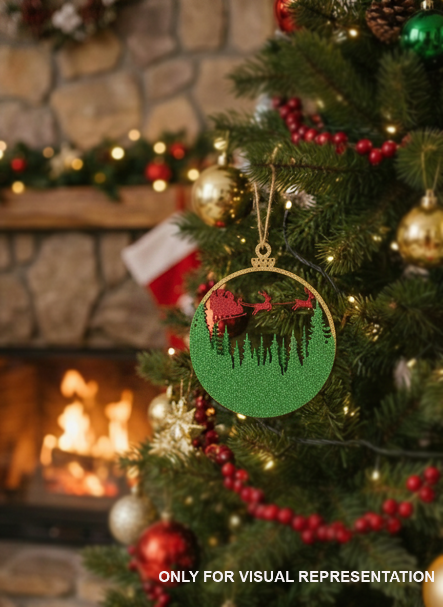 Glitter-finish MDF Christmas bauble ornament with Santa sleigh and reindeer cutout, hanging on a decorated Christmas tree near a warm fireplace.