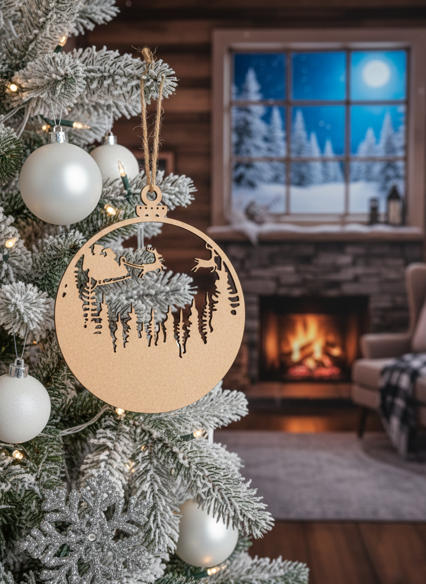 Laser-cut MDF Christmas bauble ornament with Santa sleigh and reindeer design hanging on a snowy Christmas tree, with cozy fireplace and winter window background.