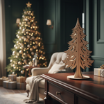 DIY MDF Christmas tree tabletop decor with cutout design and warm fairy lights, placed on a wooden table with a blurred Christmas tree in the background