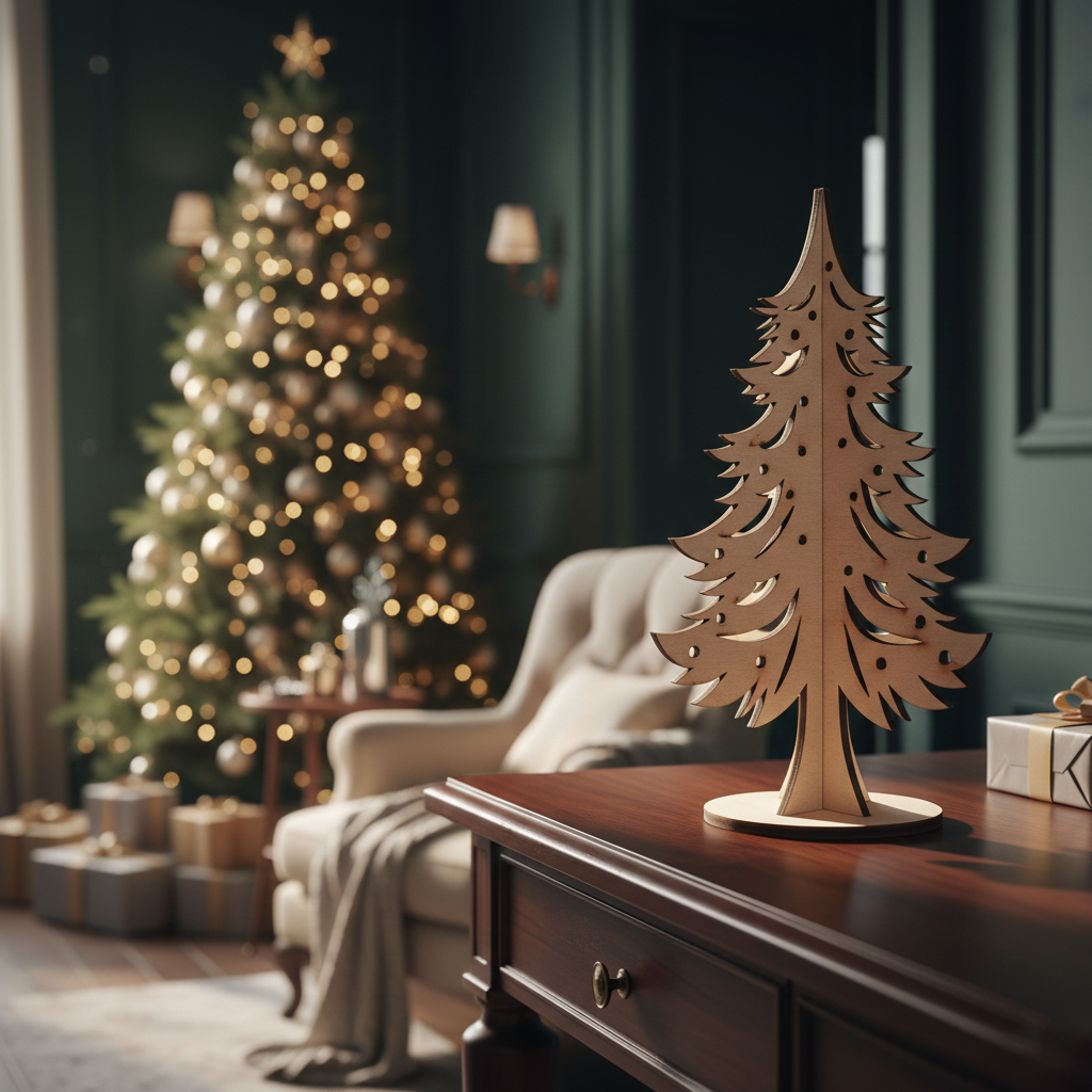 DIY MDF Christmas tree tabletop decor with cutout design and warm fairy lights, placed on a wooden table with a blurred Christmas tree in the background