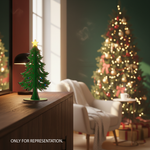 MDF Christmas tree tabletop decor with cutout design and warm fairy lights, placed on a wooden table with a blurred Christmas tree in the background