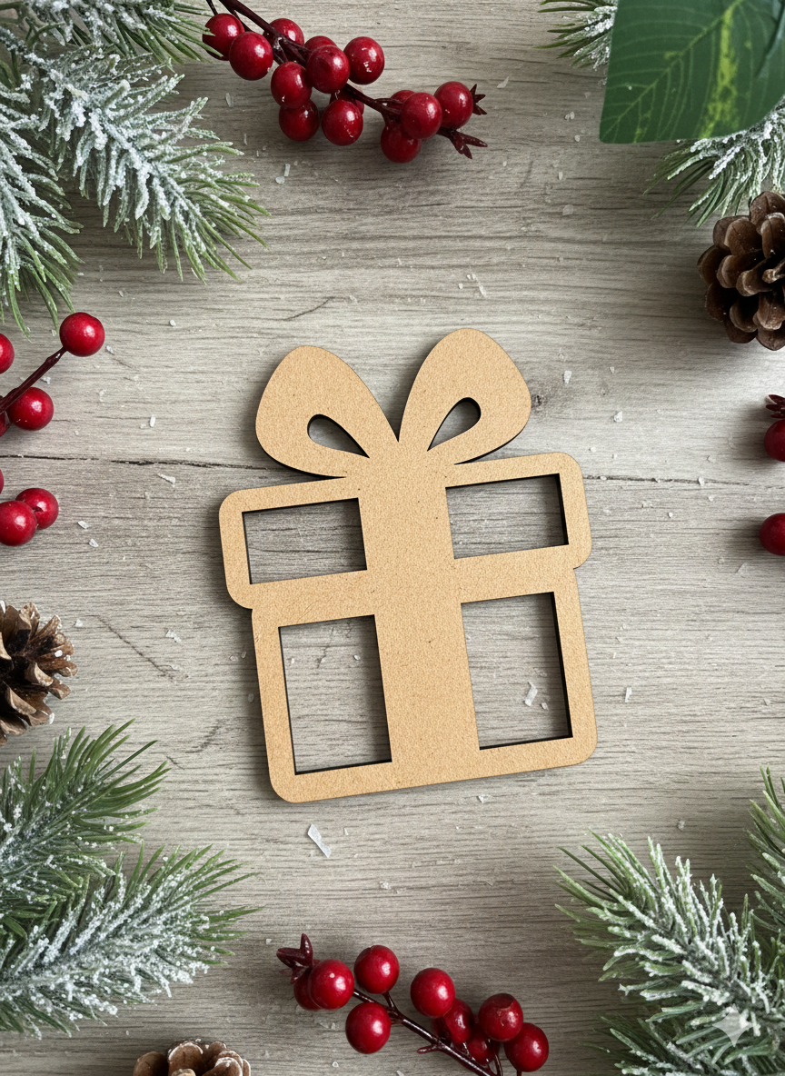 Unpainted DIY MDF gift box cutout with bow and window design, placed on a wooden background with frosted pine branches, red berries, and pinecones.