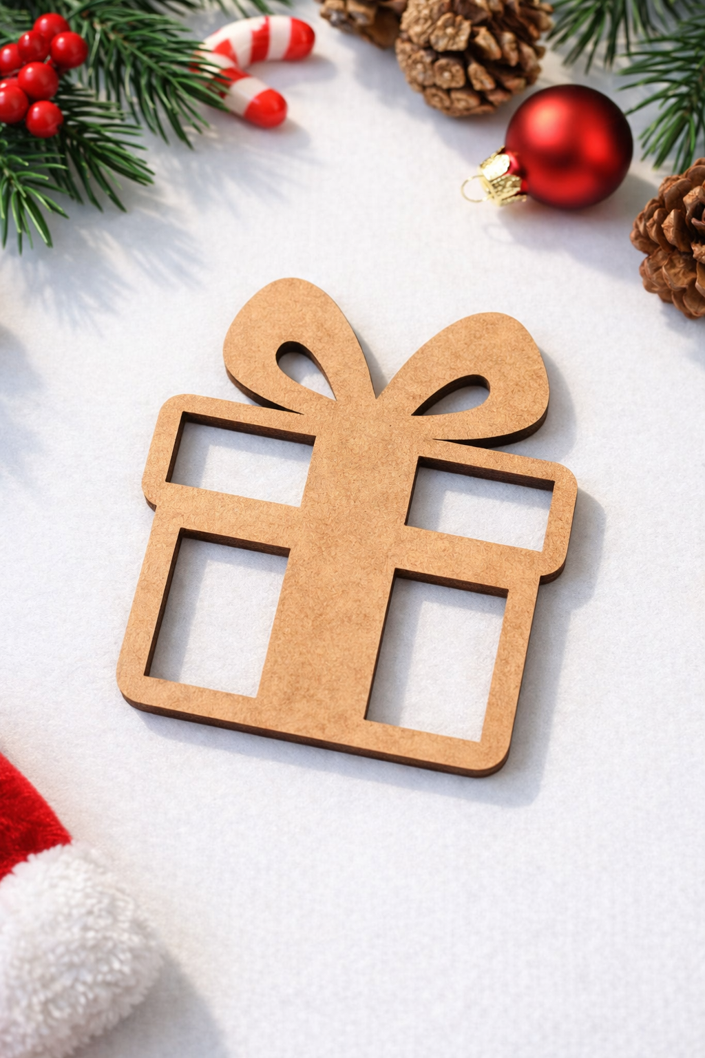 Unpainted DIY MDF gift box cutout with bow and window design, placed on a wooden background with frosted pine branches, red berries, and pinecones.