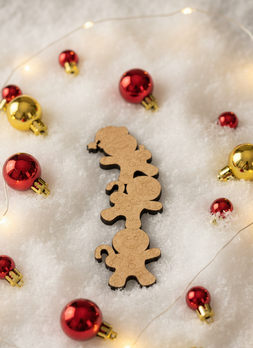 Unpainted MDF stacked Christmas character cutout (Santa, snowman, gingerbread) placed on faux snow with red and gold baubles and warm fairy lights.