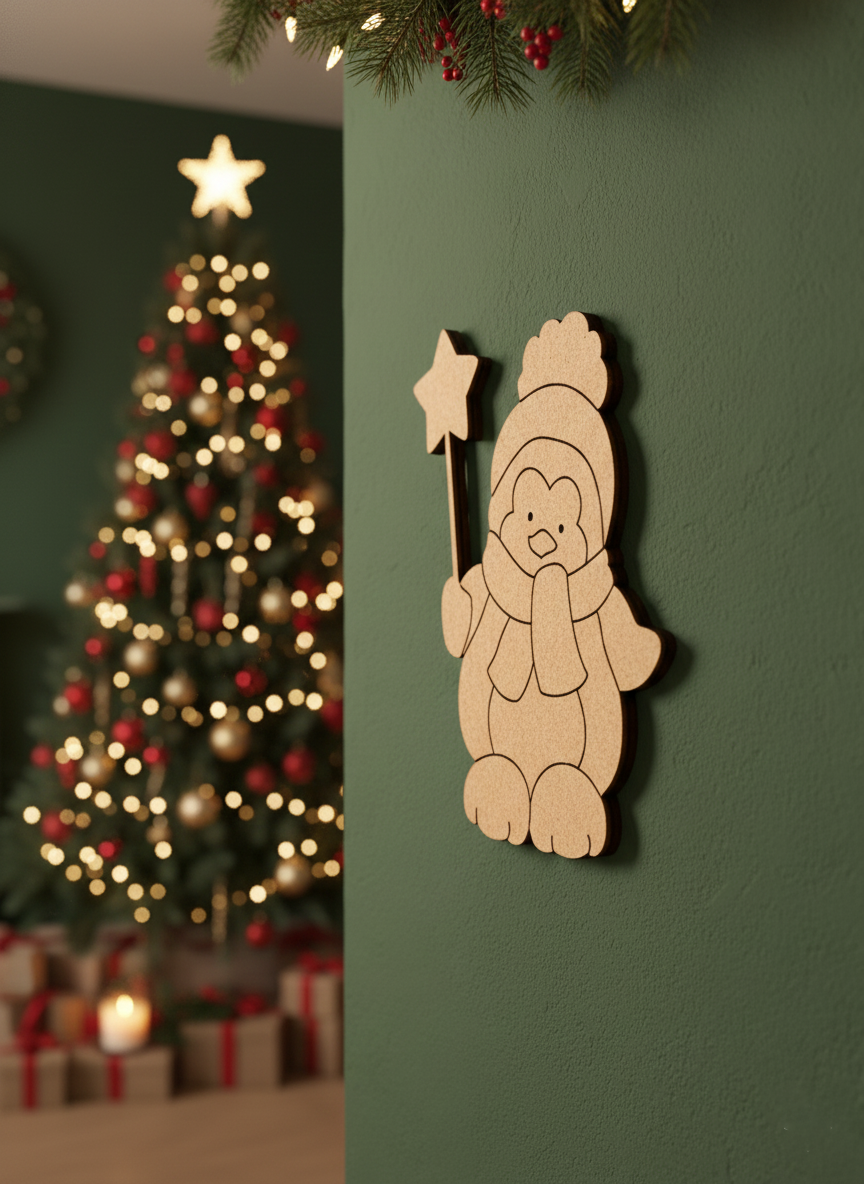 DIY MDF penguin cutout for Christmas craft mounted on green wall
