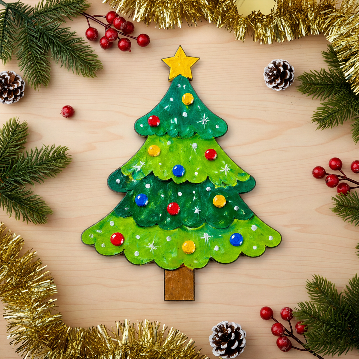 Colorful Christmas tree decoration on a MDF DIY board with festive elements.