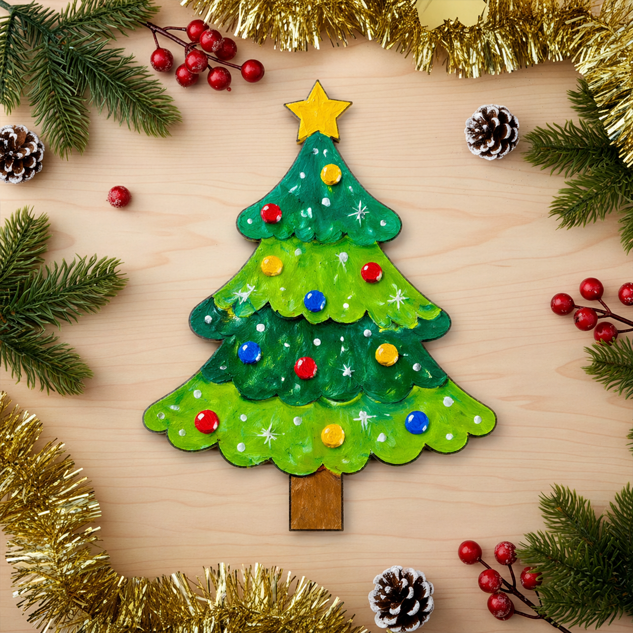 Colorful Christmas tree decoration on a MDF DIY board with festive elements.