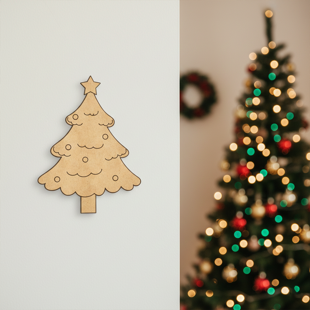 MDF DIY  Christmas tree decoration on a plain background with a blurred decorated Christmas tree in the background.