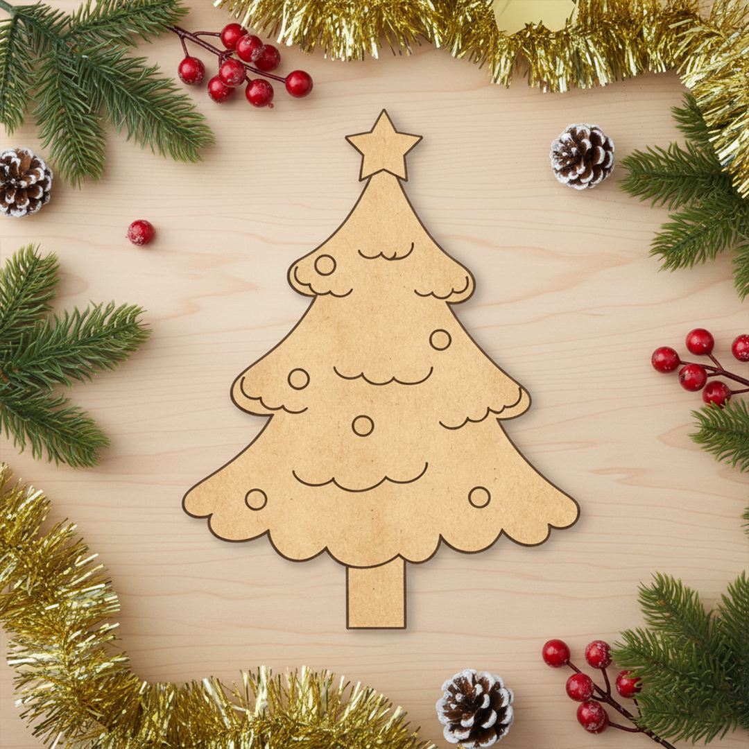 MDF DIY  Christmas tree decoration with festive elements on a wooden background