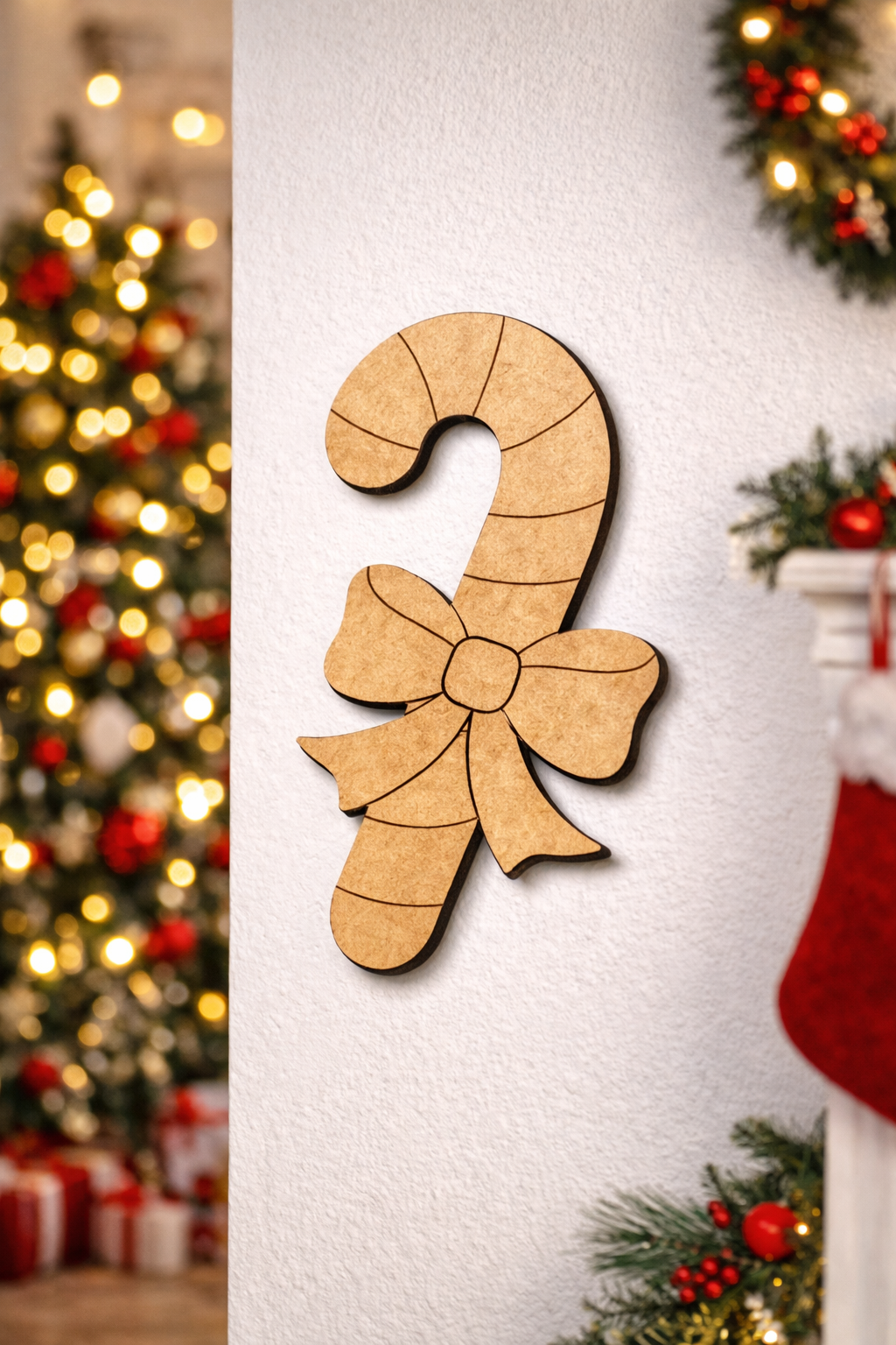 Unpainted DIY MDF candy cane wall decor with engraved stripe and bow details, displayed on a white wall with blurred Christmas tree lights and festive garland in the background.