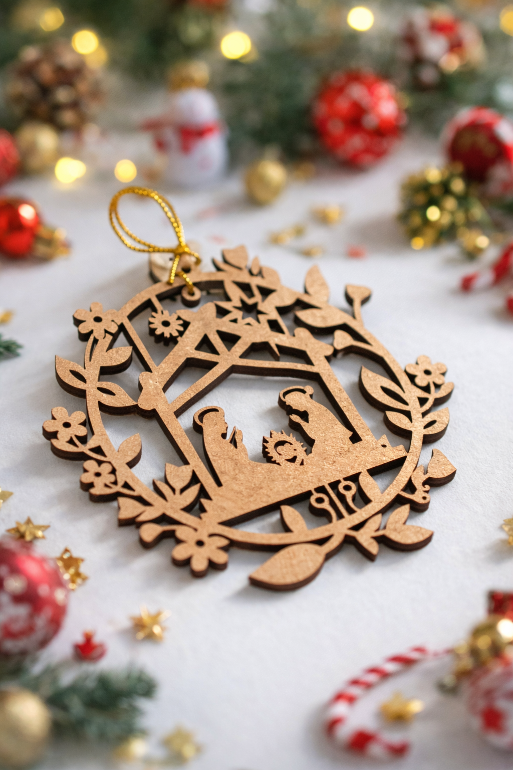 MDF nativity Christmas ornament with Mary, Joseph, and baby Jesus inside a wreath frame, placed on a festive holiday background with decorations and lights.