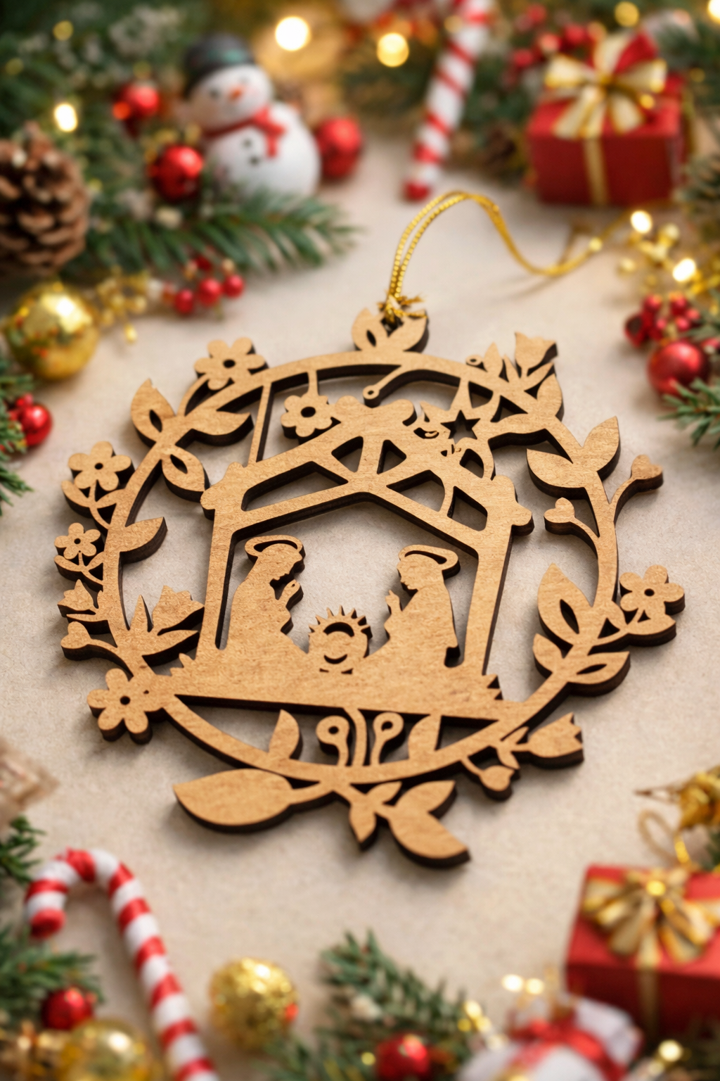 MDF nativity Christmas ornament with Mary, Joseph, and baby Jesus inside a wreath frame, placed on a festive holiday background with decorations and lights.