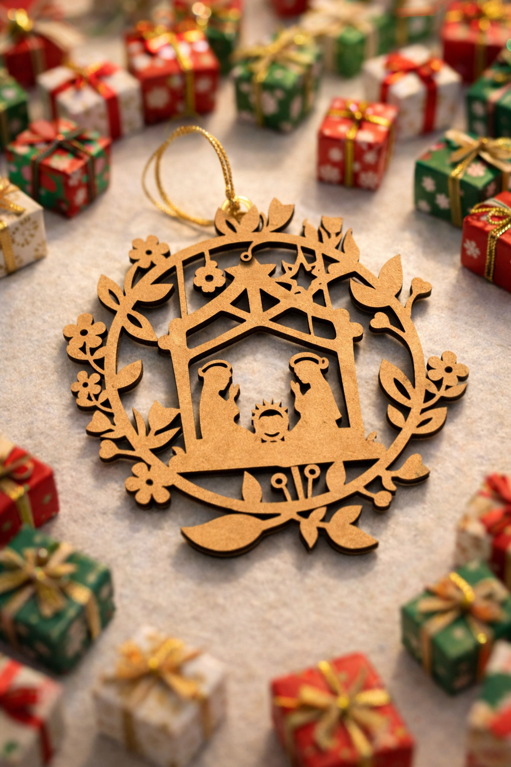 MDF nativity Christmas ornament with Mary, Joseph, and baby Jesus inside a wreath frame, placed on a festive holiday background with decorations and lights.