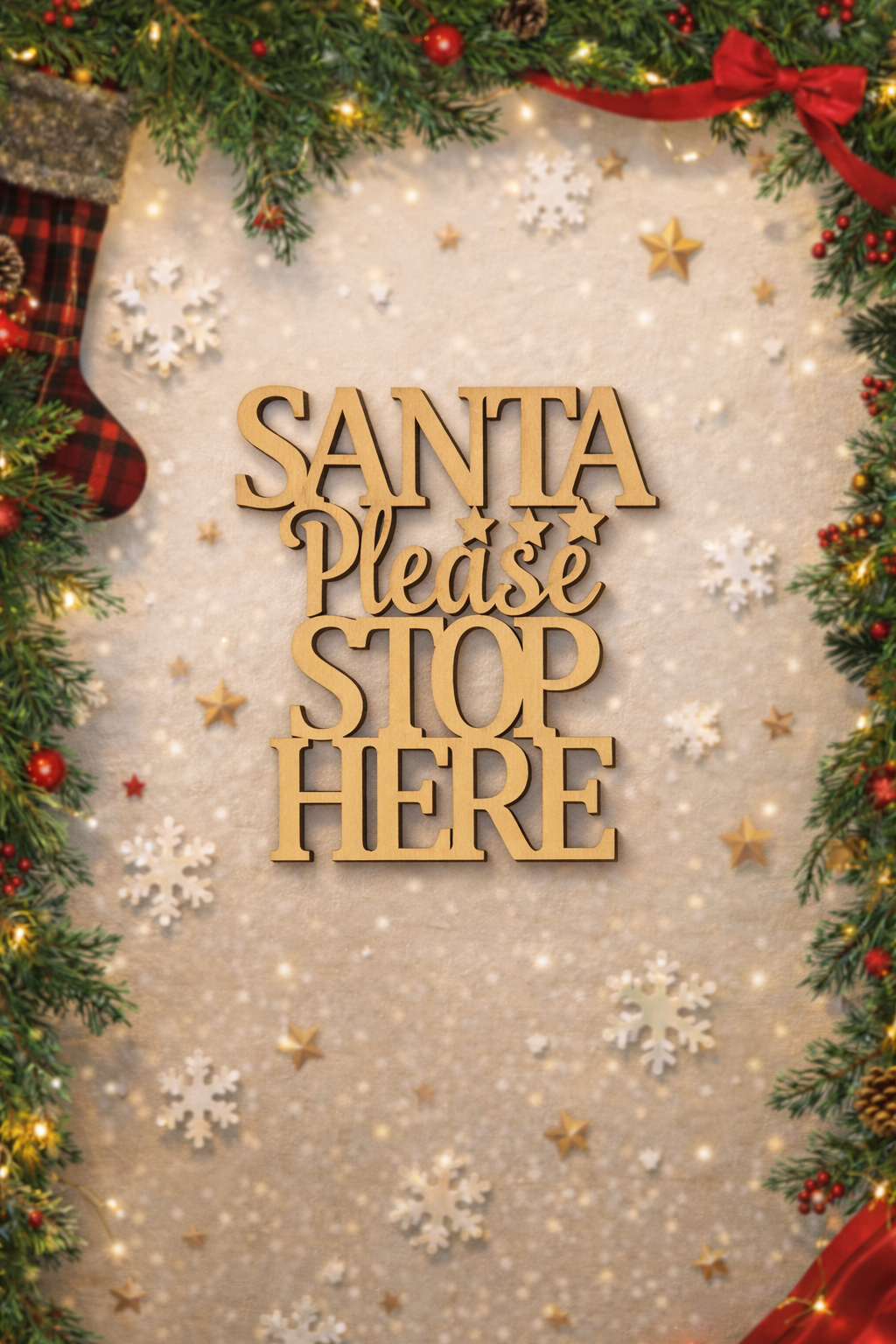 Wooden “Santa Please Stop Here” Christmas wall sign with layered lettering, displayed on a festive background with pine garland, snowflakes, stars, and warm fairy lights.