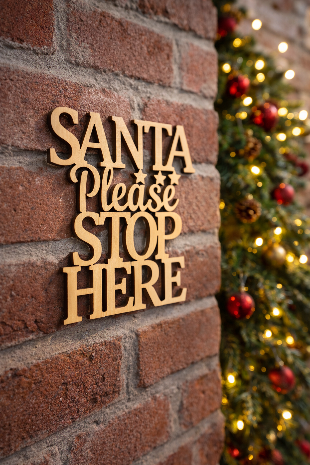 DIY MDF “Santa Please Stop Here” text cutout for Christmas craft mounted on brick wall