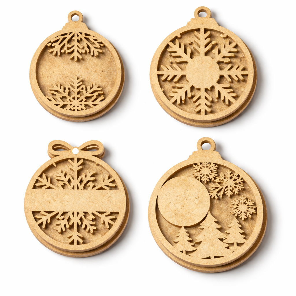 DIY MDF layered Christmas ornament cutouts with snowflakes and winter scene for craft and painting
