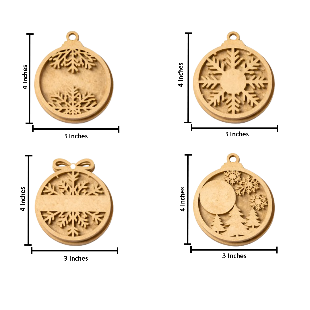 Four MDF DIY christmas tree ornaments with tree designs and measurements on a white background