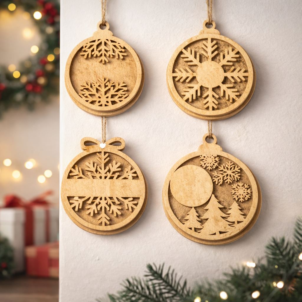 DIY MDF layered Christmas ornament cutouts with snowflakes and winter scene for craft mounted on wall