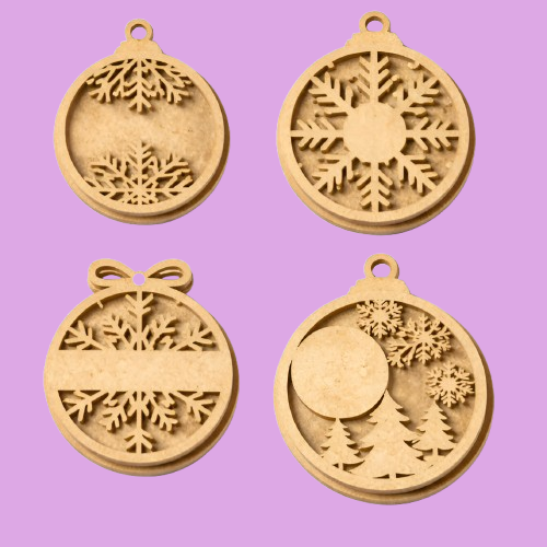 Four MDF DIY  Christmas-themed pendants on a purple background