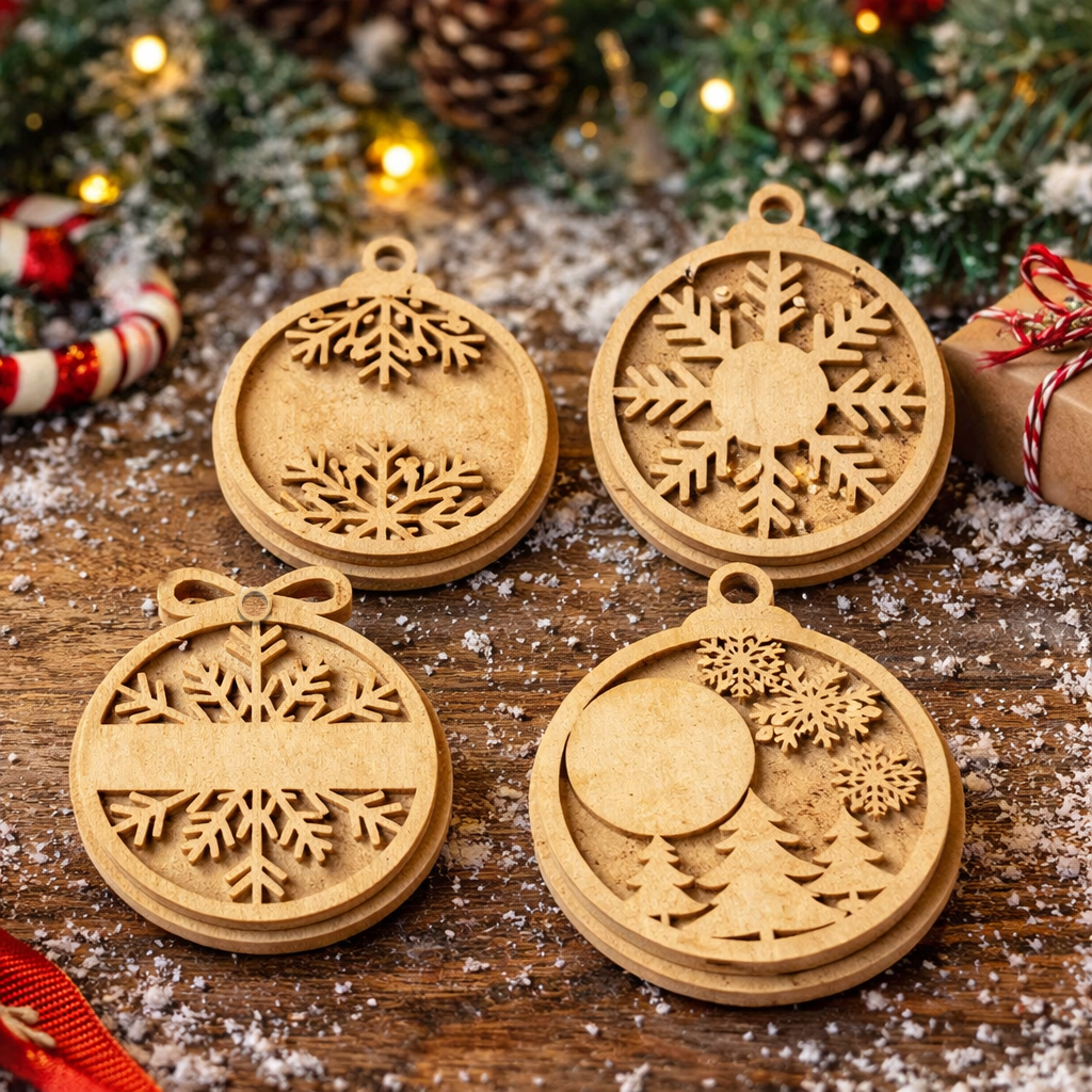 DIY MDF layered Christmas ornament cutouts with snowflakes and winter scene for craft and painting